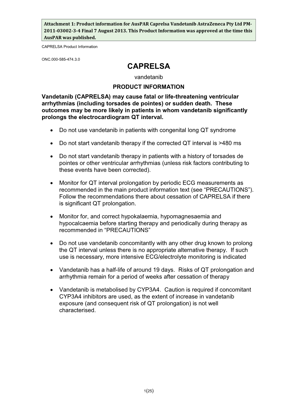 Auspar Attachment 1: Product Information for Caprelsa (Vandetanib)