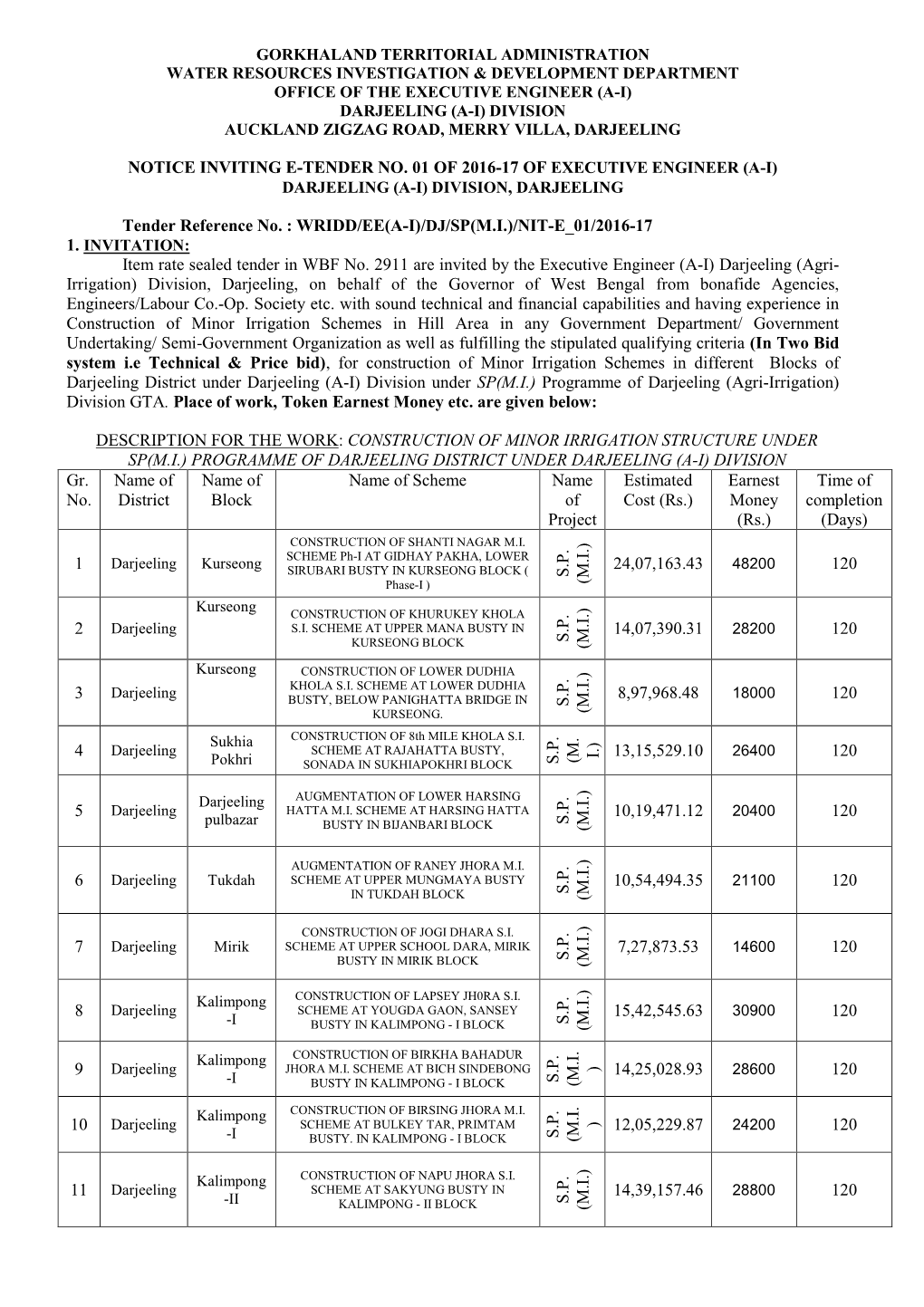 Notice Inviting E-Tender No. 01 of 2016-17 of Executive Engineer (A-I) Darjeeling (A-I) Division , Darjeeling