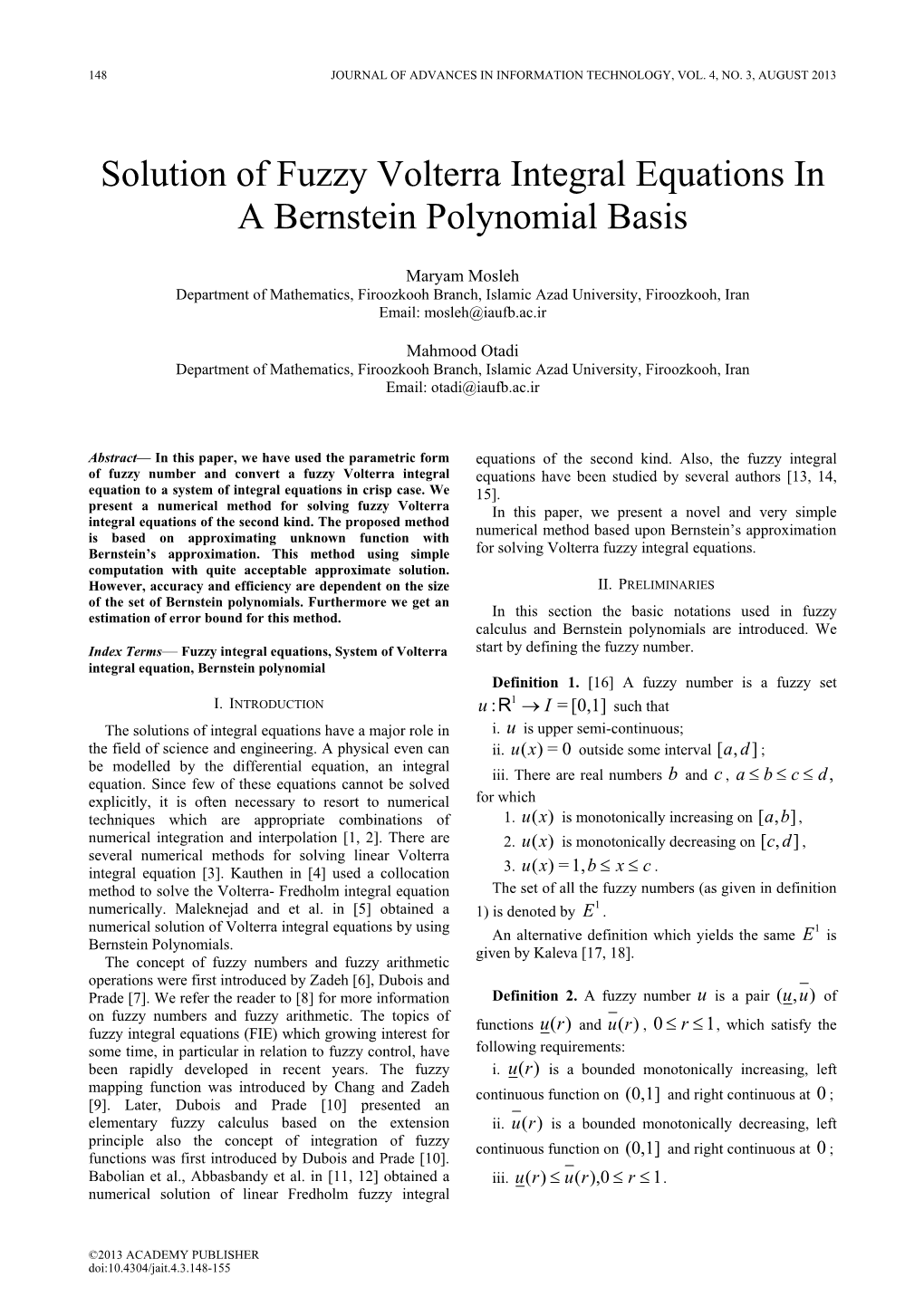 Solution of Fuzzy Volterra Integral Equations in a Bernstein Polynomial Basis