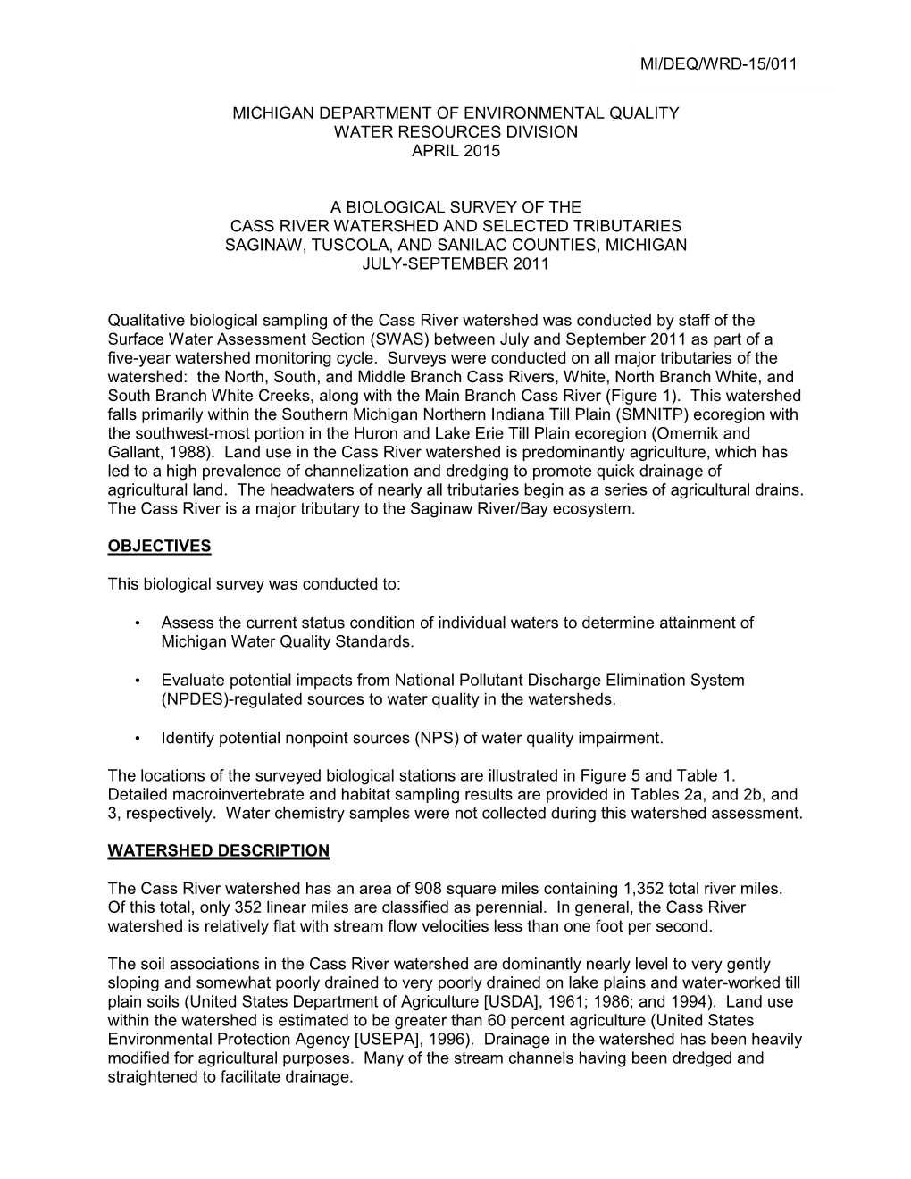 2011 Cass River Watershed Biosurvey Monitoring Report