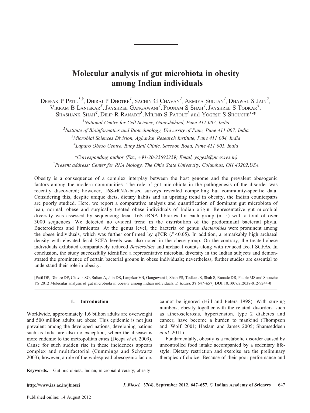 Molecular Analysis of Gut Microbiota in Obesity Among Indian Individuals