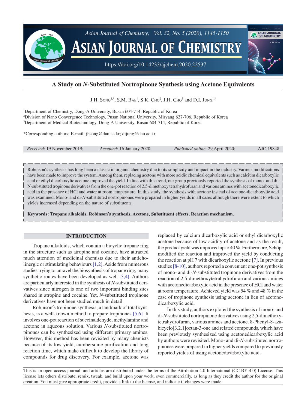 A Study on N-Substituted Nortropinone Synthesis Using Acetone Equivalents