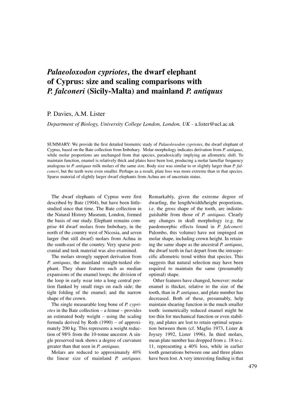 Palaeoloxodon Cypriotes, the Dwarf Elephant of Cyprus: Size and Scaling Comparisons with P. Falconeri (Sicily-Malta) and Mainland P