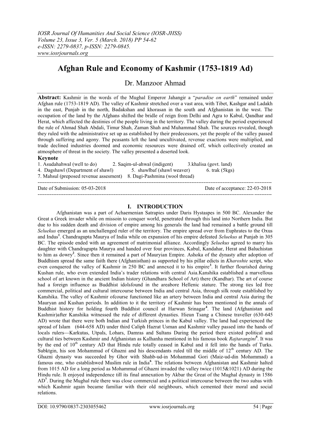 Afghan Rule and Economy of Kashmir (1753-1819 Ad)