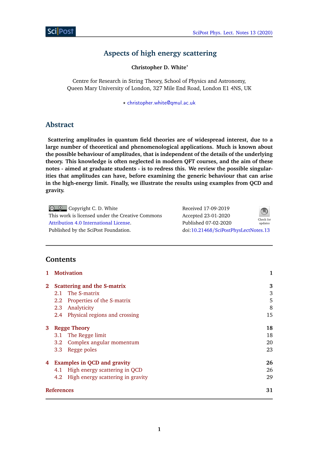 Aspects of High Energy Scattering Abstract Contents