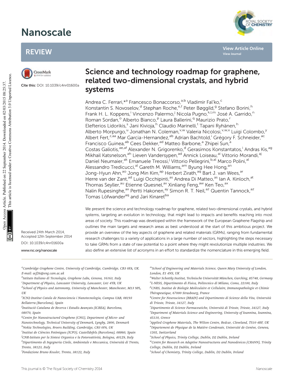 Science and Technology Roadmap for Graphene, Related Two-Dimensional Crystals, and Hybrid Cite This: DOI: 10.1039/C4nr01600a Systems