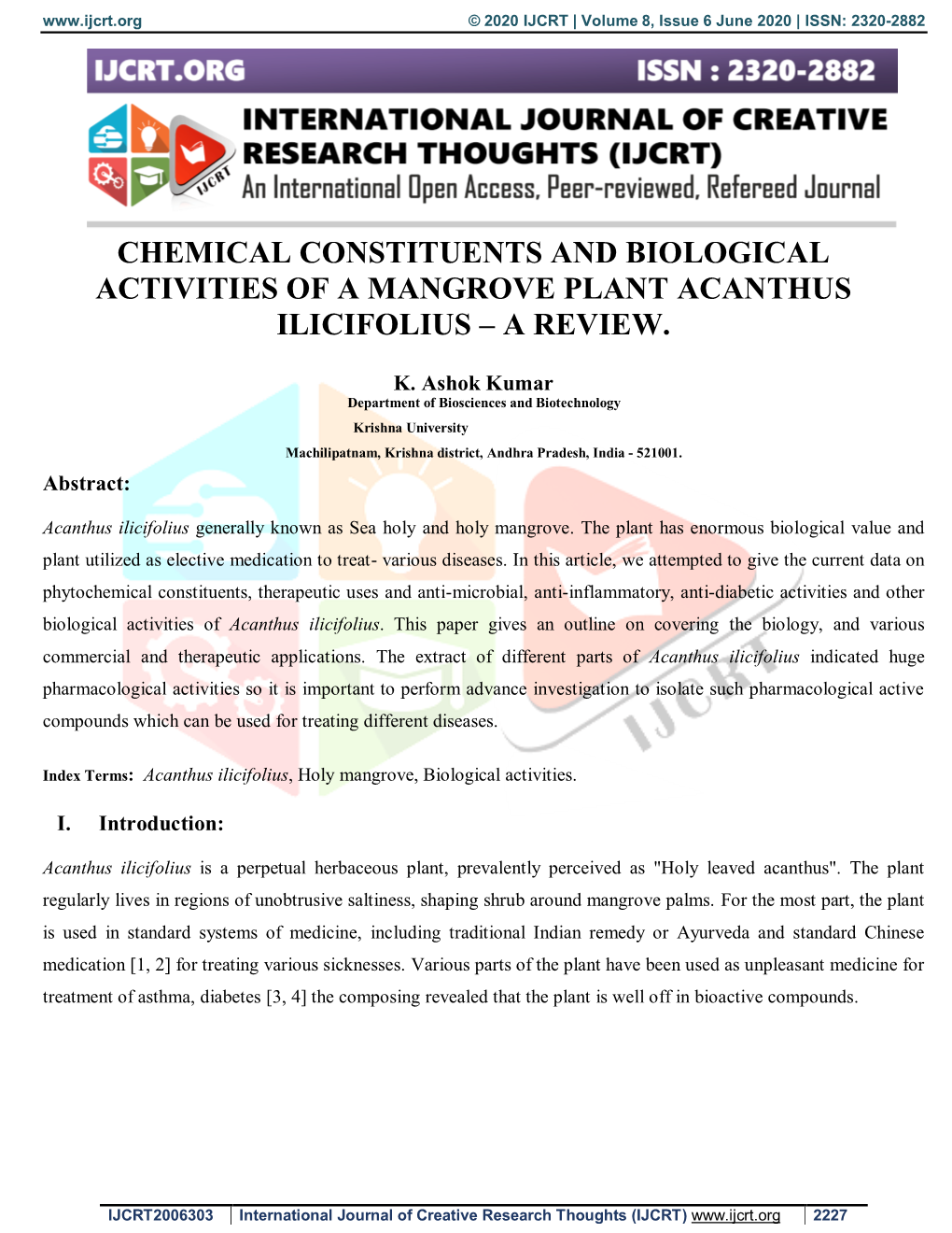 Chemical Constituents and Biological Activities of a Mangrove Plant Acanthus Ilicifolius – a Review