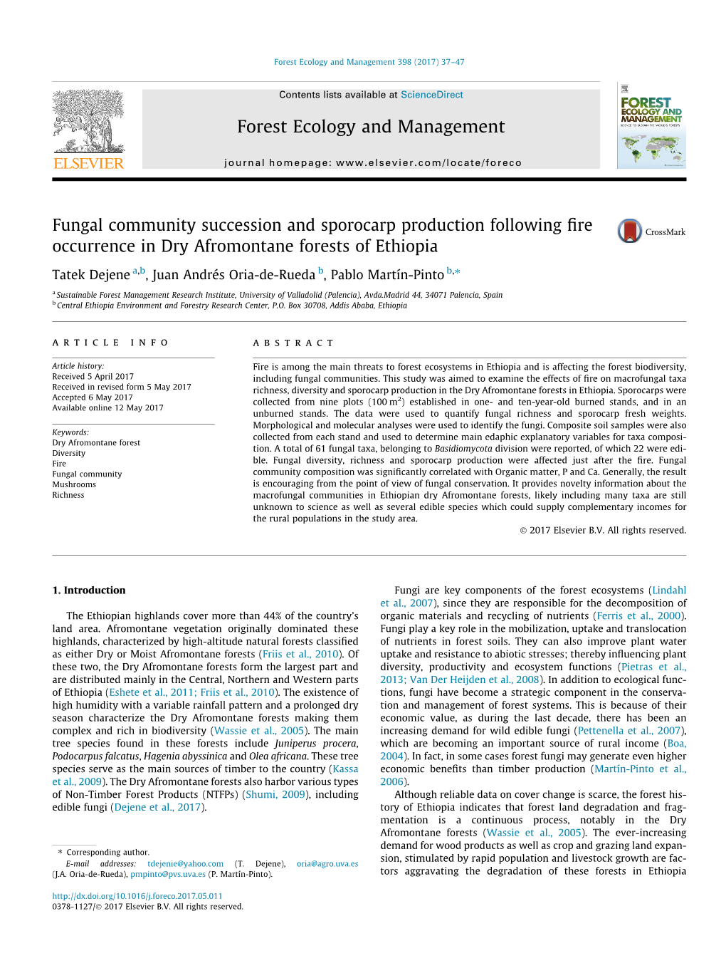 Fungal Community Succession and Sporocarp Production Following Fire Occurrence in Dry Afromontane Forests of Ethiopia