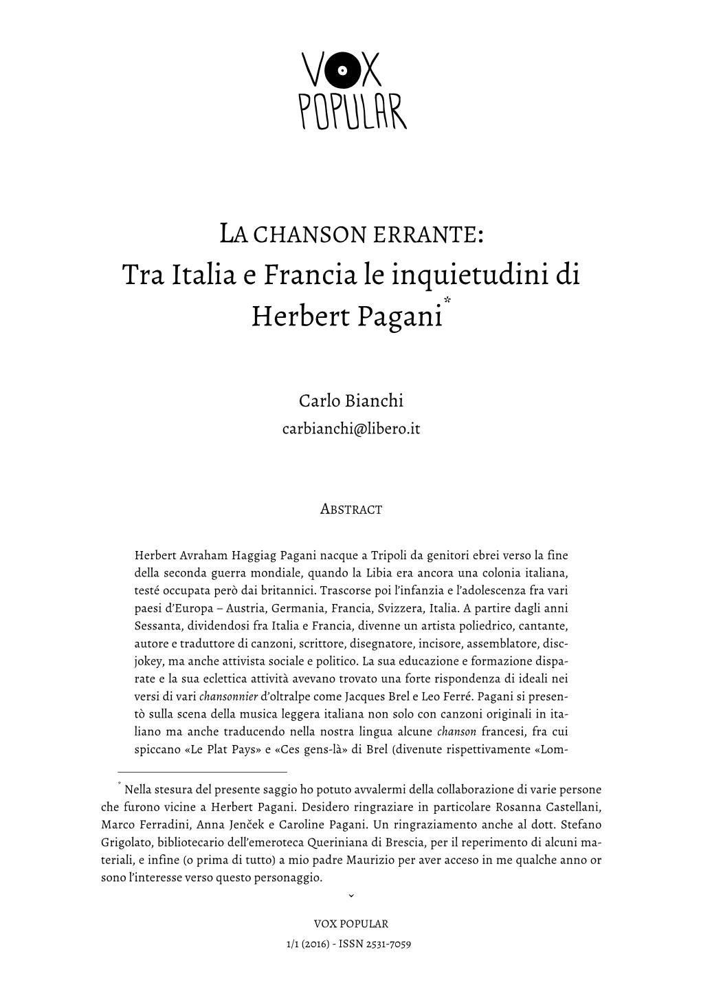 Tra Italia E Francia Le Inquietudini Di Herbert Pagani*