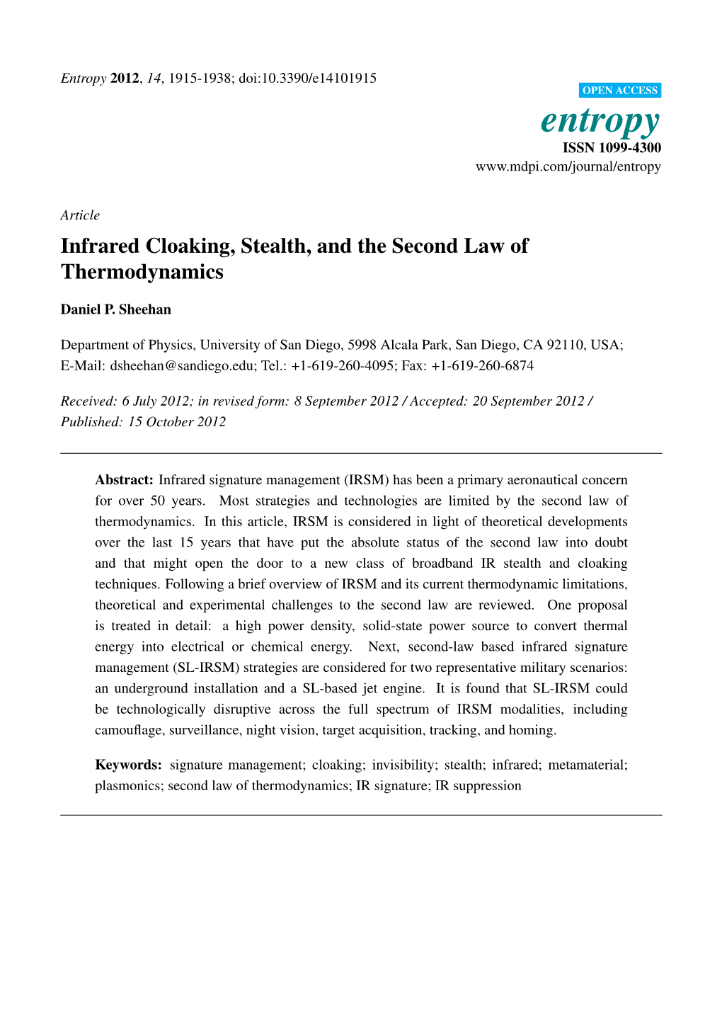 Infrared Cloaking, Stealth, and the Second Law of Thermodynamics