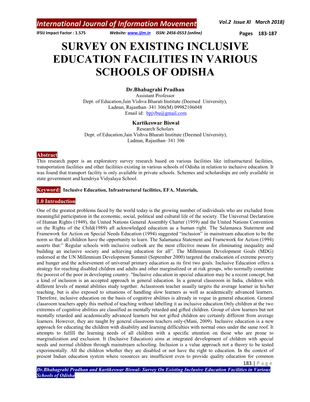 Survey on Existing Inclusive Education Facilities in Various Schools of Odisha