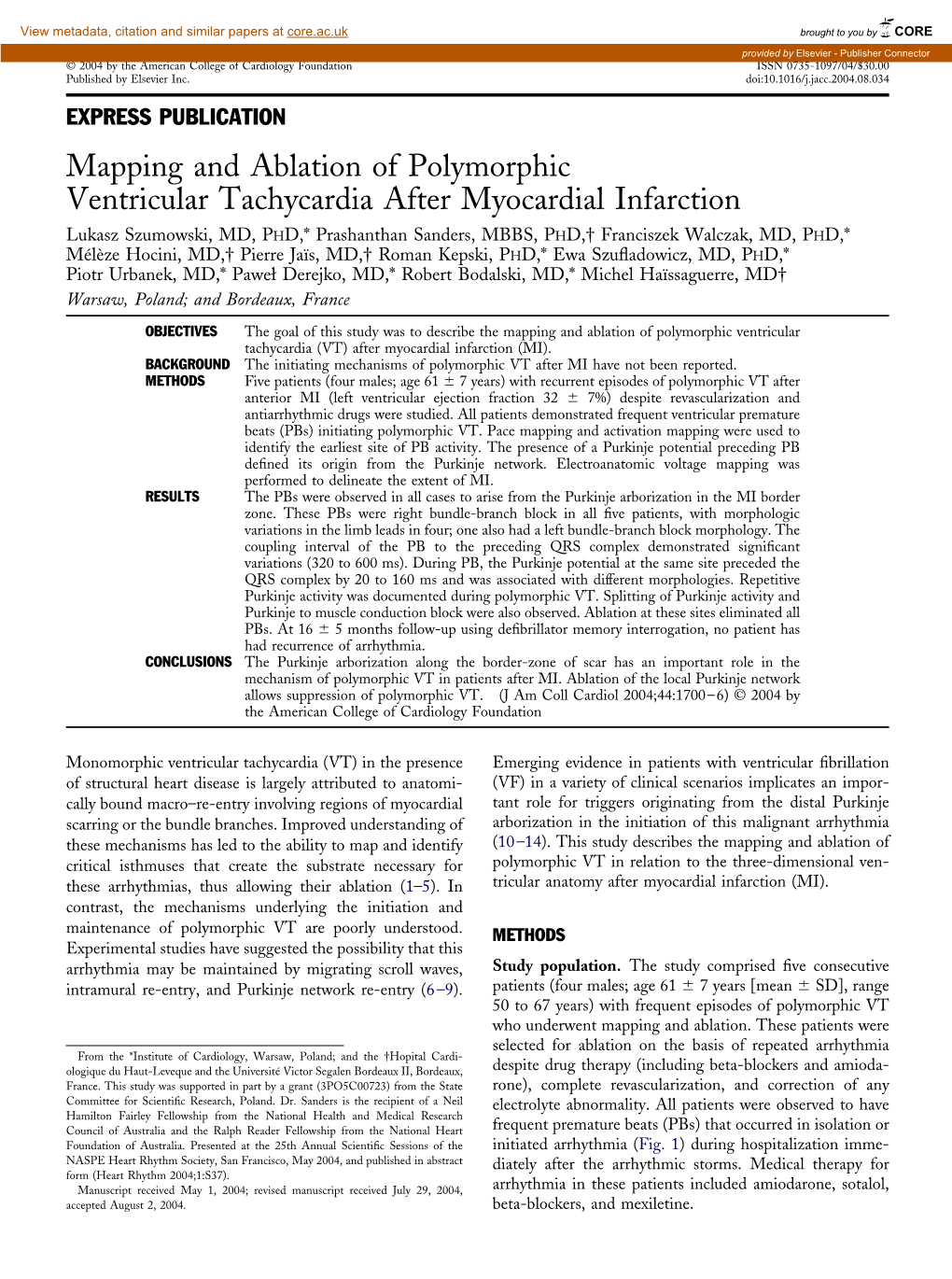 Mapping and Ablation of Polymorphic Ventricular Tachycardia After