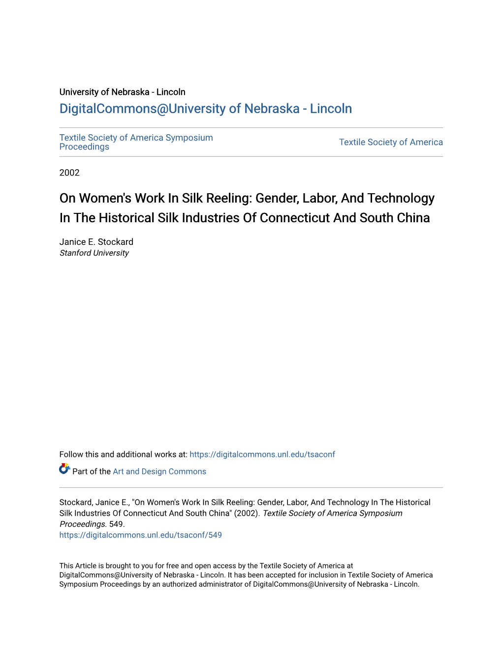 On Women's Work in Silk Reeling: Gender, Labor, and Technology in the Historical Silk Industries of Connecticut and South China