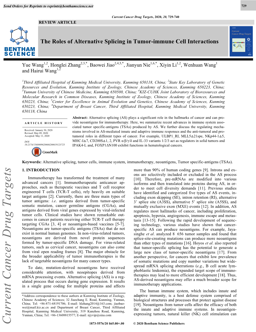 The Roles of Alternative Splicing in Tumor-Immune Cell Interactions CC Timely Indepth