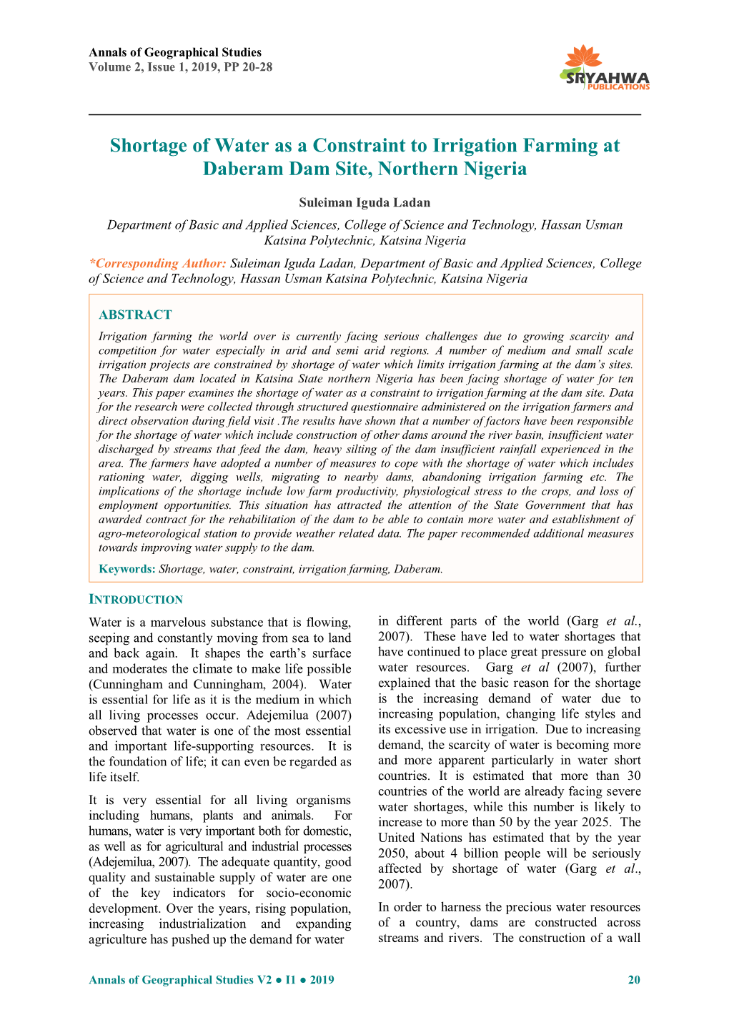 Shortage of Water As a Constraint to Irrigation Farming at Daberam Dam Site, Northern Nigeria