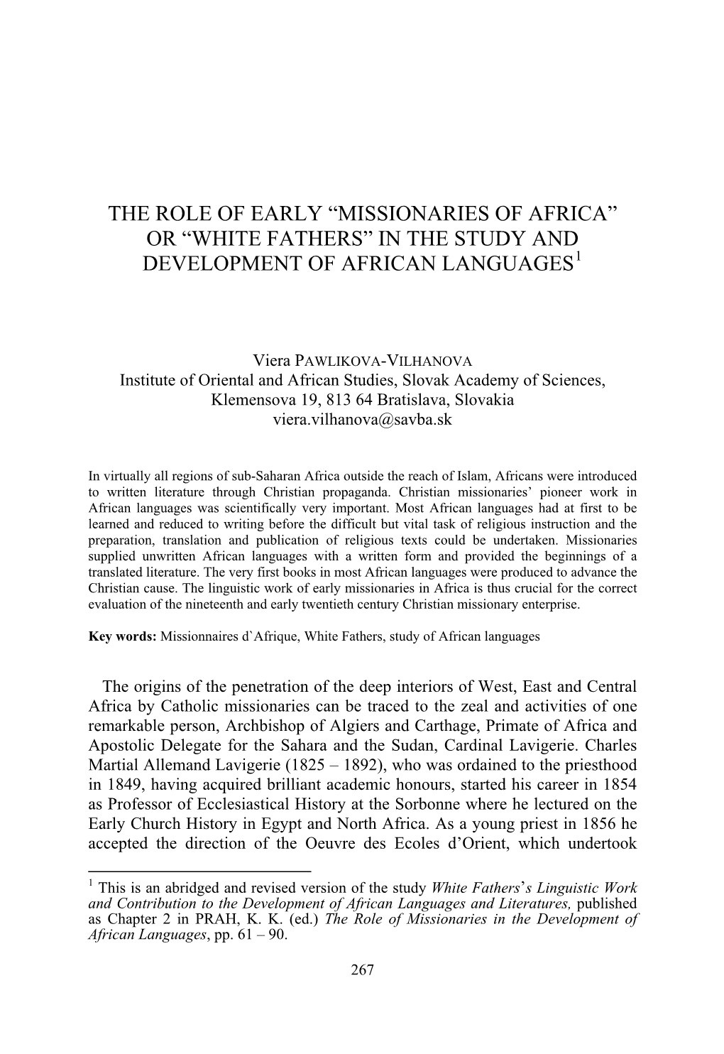 “Missionaries of Africa” Or “White Fathers” in the Study