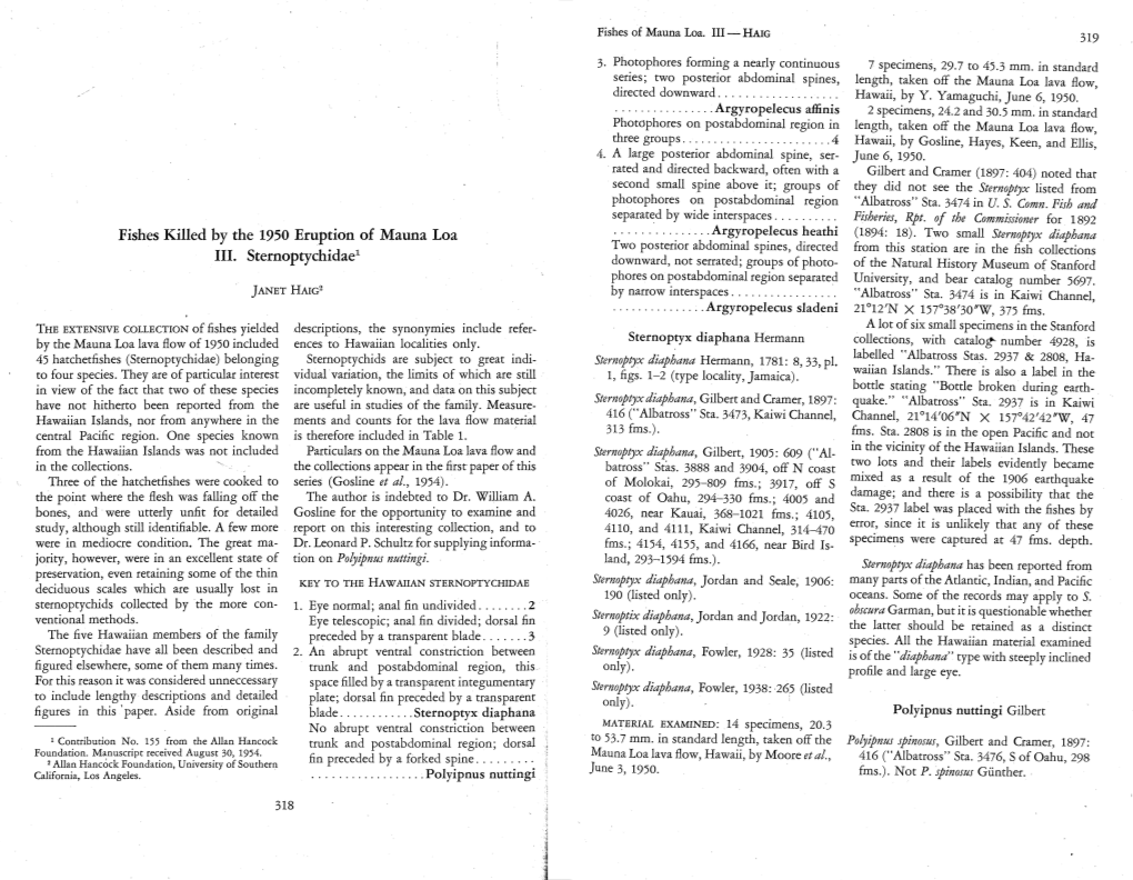 Fishes Killed by the 1950 Eruption of Mauna Loa III. Sternoptychidae1 I