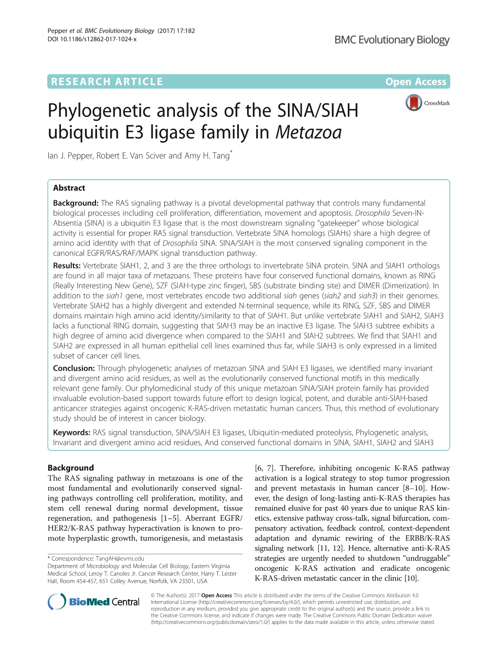 Phylogenetic Analysis of the SINA/SIAH Ubiquitin E3 Ligase Family in Metazoa Ian J