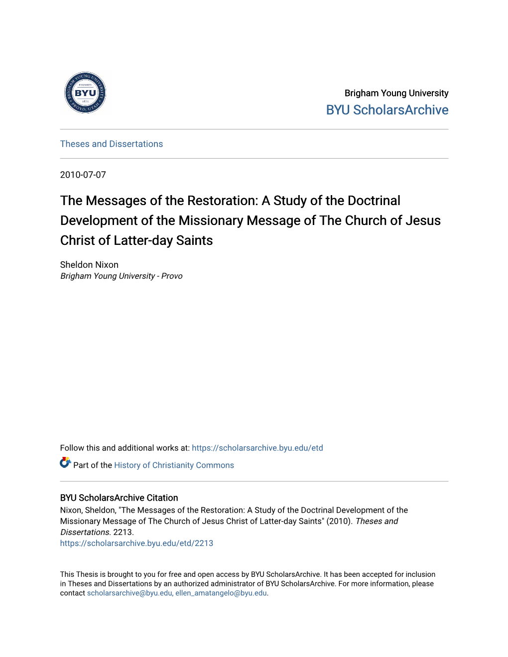 The Messages of the Restoration: a Study of the Doctrinal Development of the Missionary Message of the Church of Jesus Christ of Latter-Day Saints