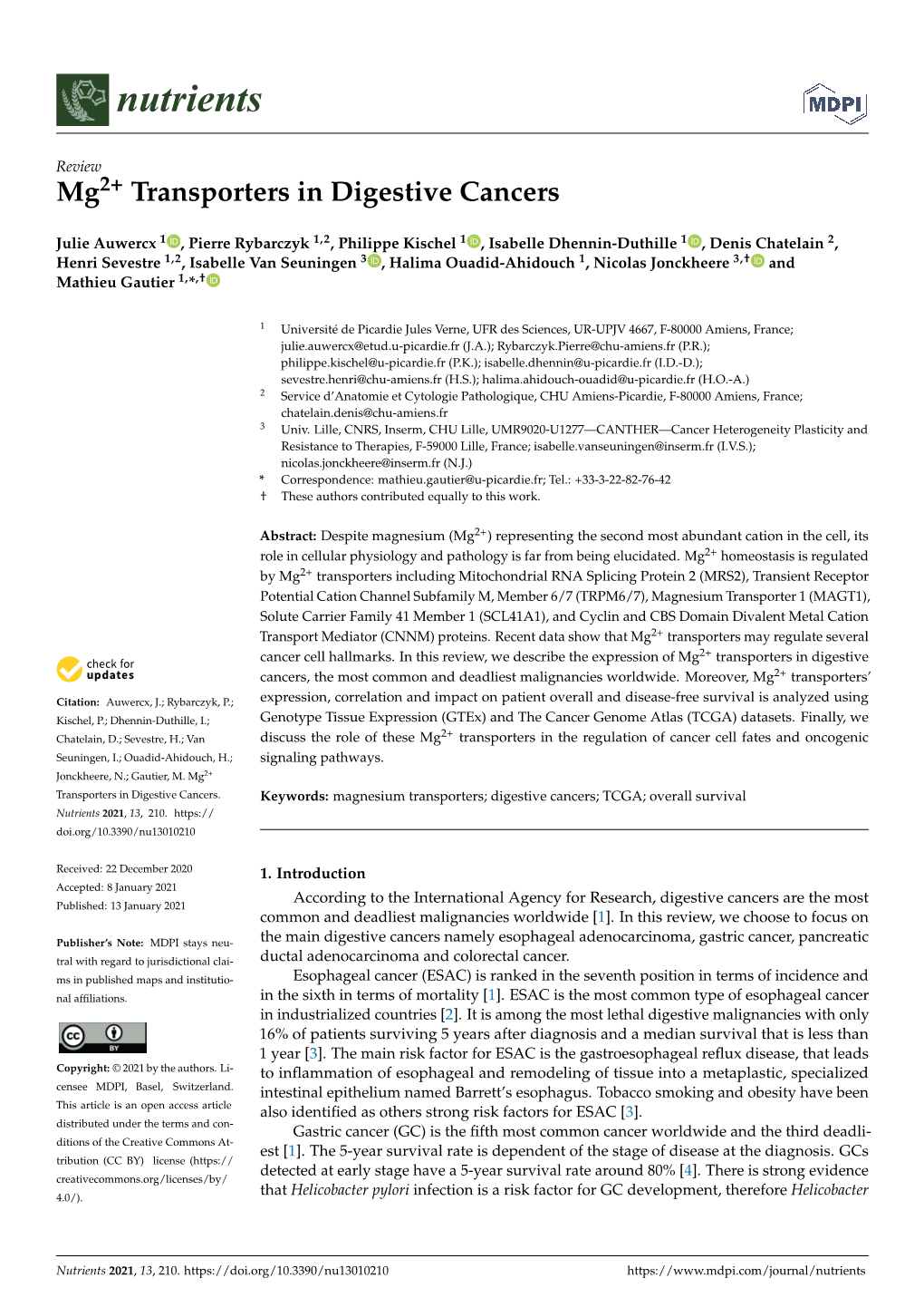 Mg2+ Transporters in Digestive Cancers