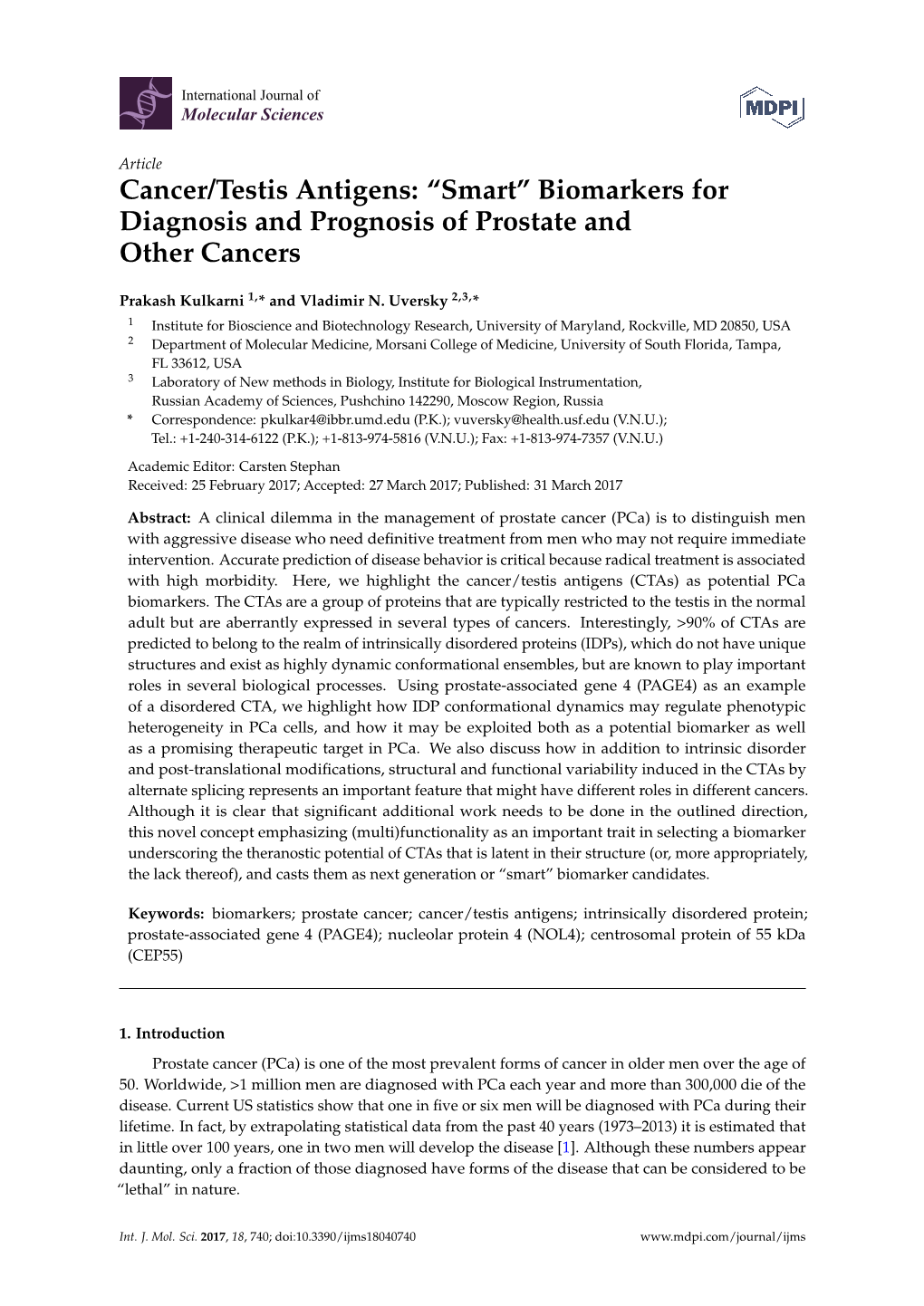 Cancer/Testis Antigens: “Smart” Biomarkers for Diagnosis and Prognosis of Prostate and Other Cancers