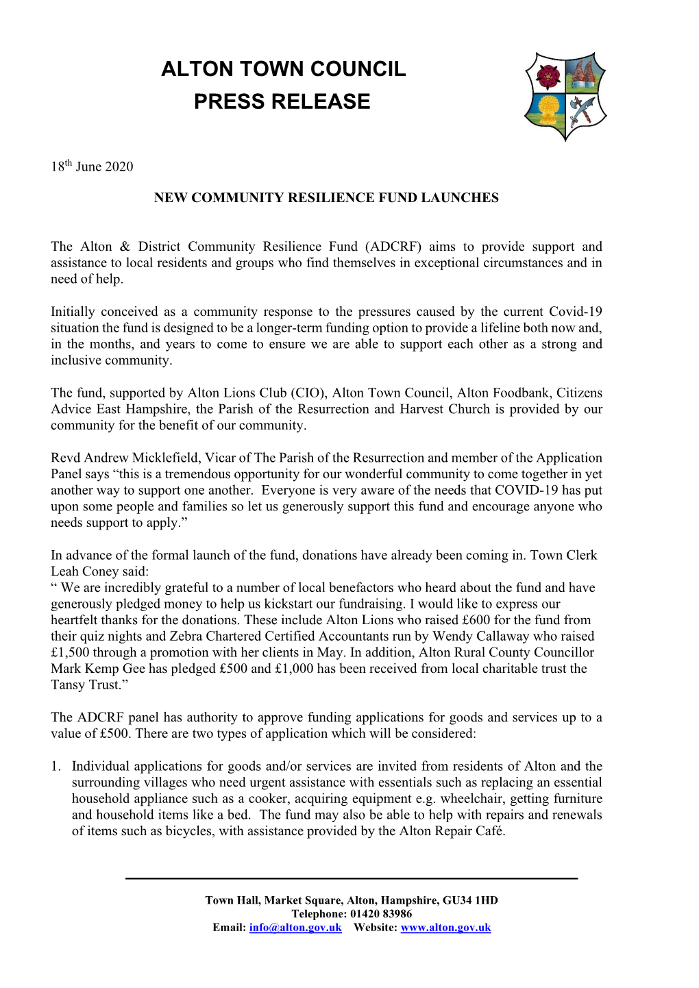 Alton Town Council Press Release