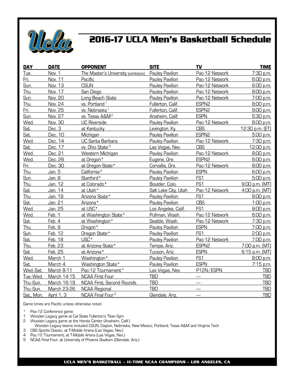 2016-17 UCLA Men's Basketball Schedule