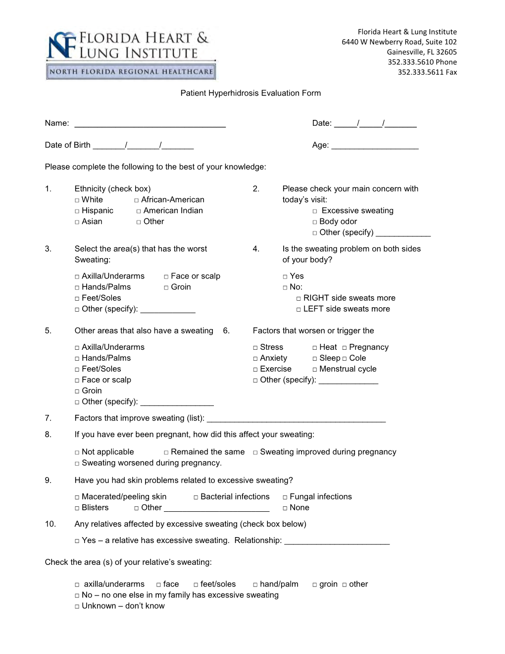 Hyperhidrosis Check in Sheet