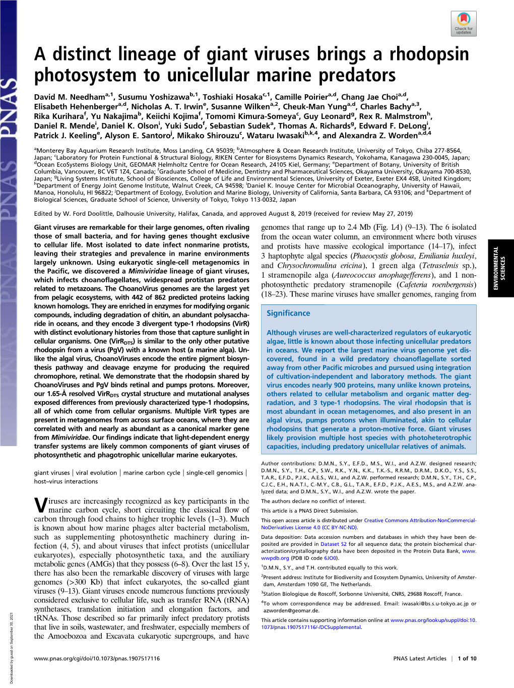 A Distinct Lineage of Giant Viruses Brings a Rhodopsin Photosystem to Unicellular Marine Predators