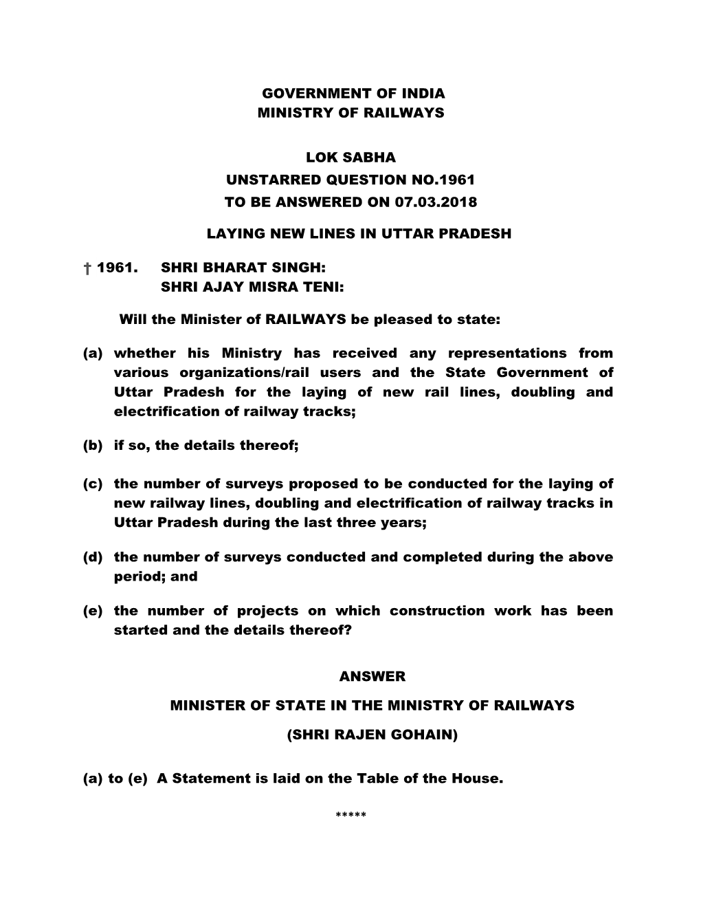 Government of India Ministry of Railways Lok Sabha Unstarred