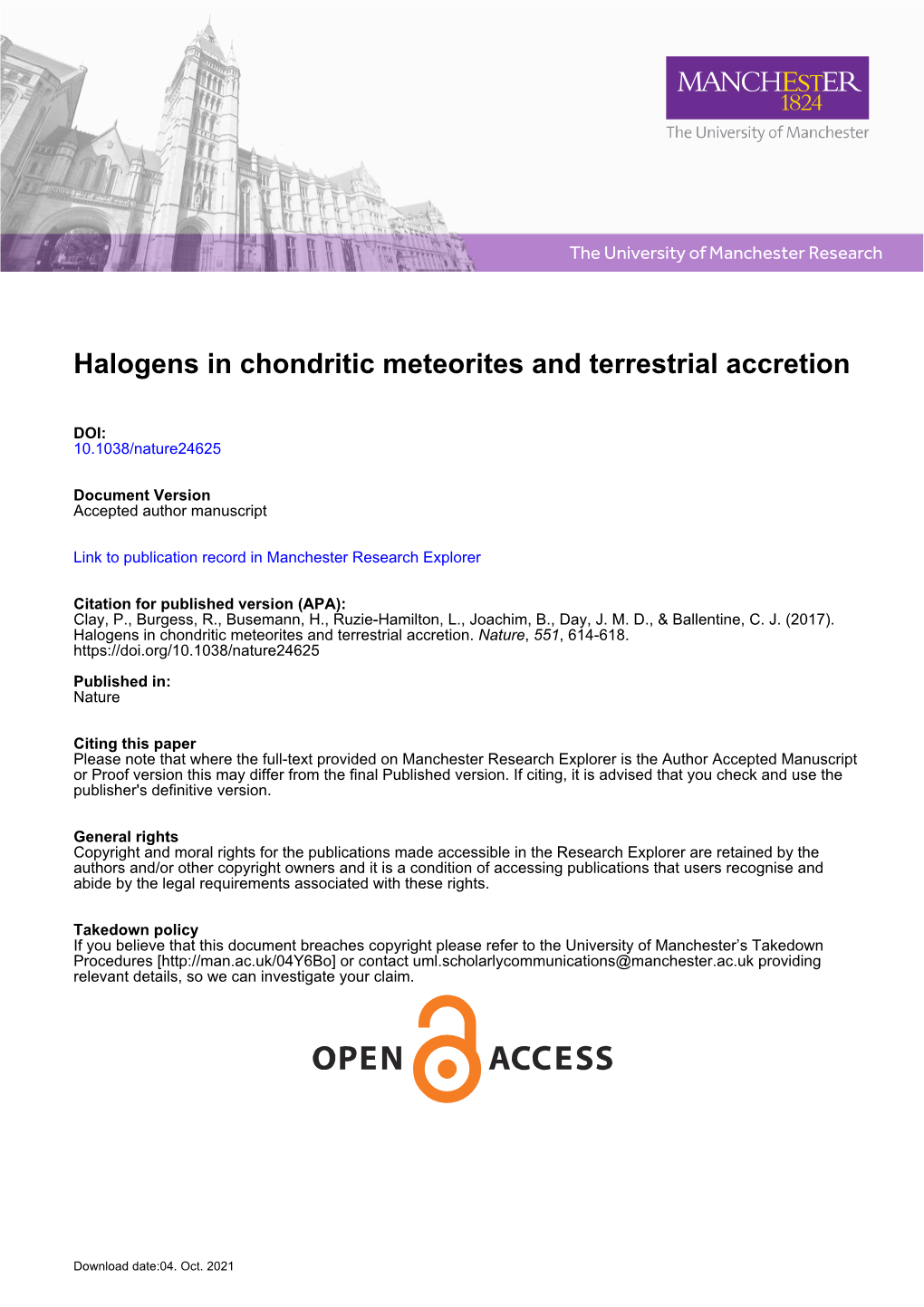 Halogens in Chondritic Meteorites and Terrestrial Accretion