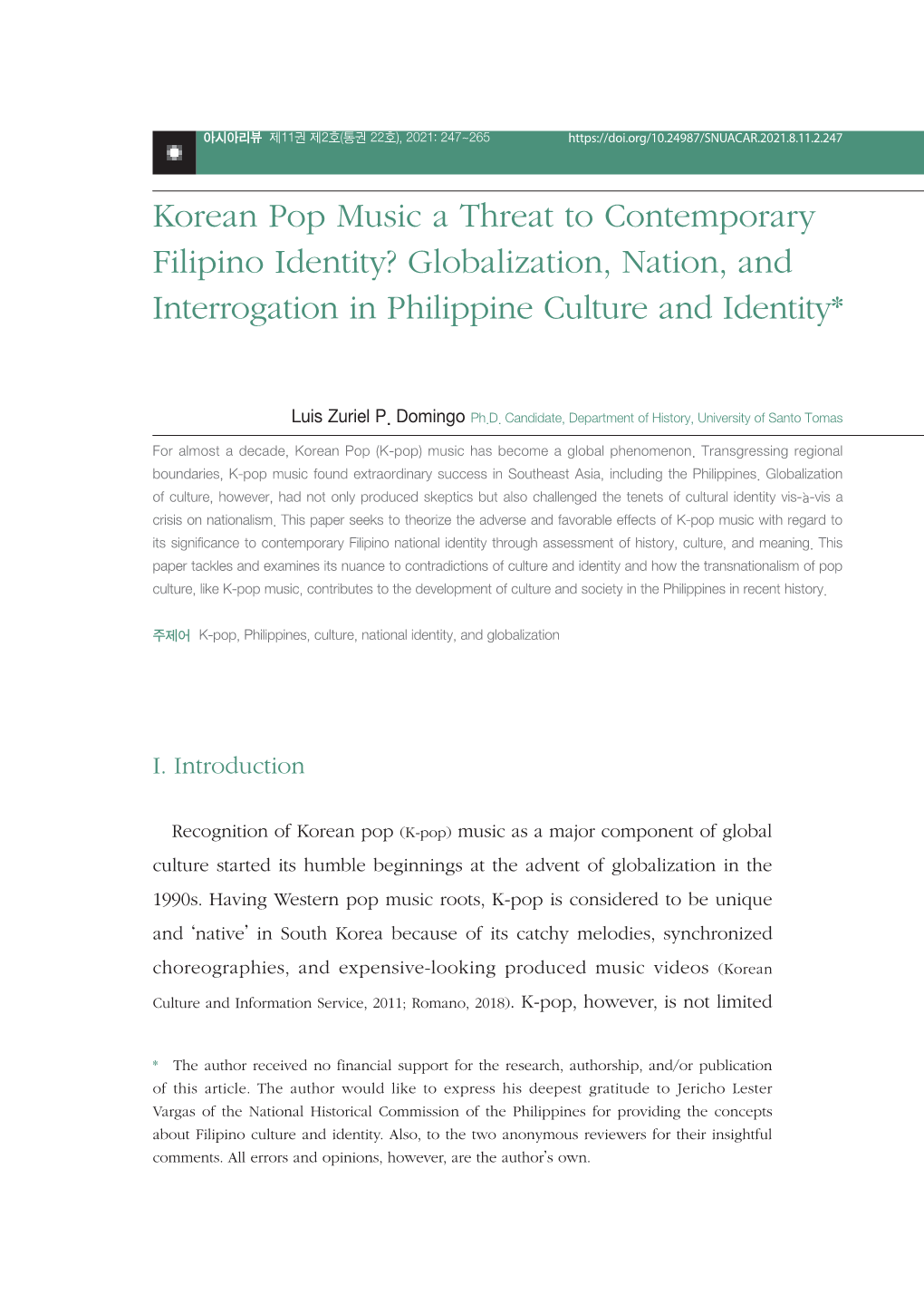Korean Pop Music a Threat to Contemporary Filipino Identity? Globalization, Nation, and Interrogation in Philippine Culture and Identity*