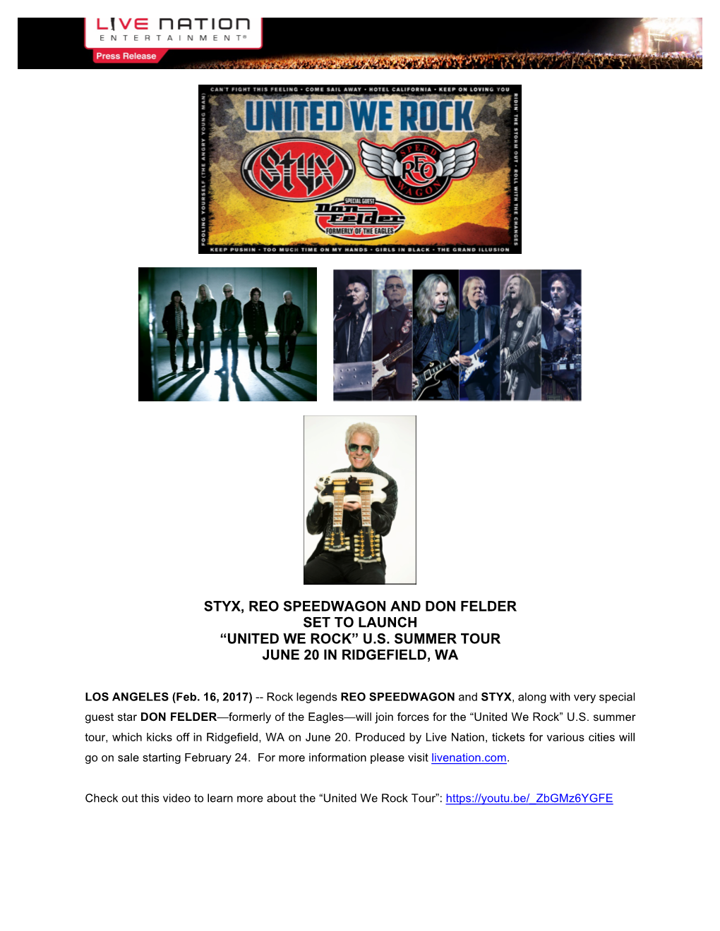 Styx, Reo Speedwagon and Don Felder Set to Launch “United We Rock” U.S