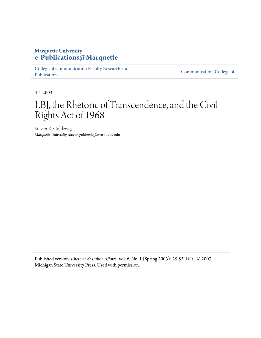 LBJ, the Rhetoric of Transcendence, and the Civil Rights Act of 1968 Steven R