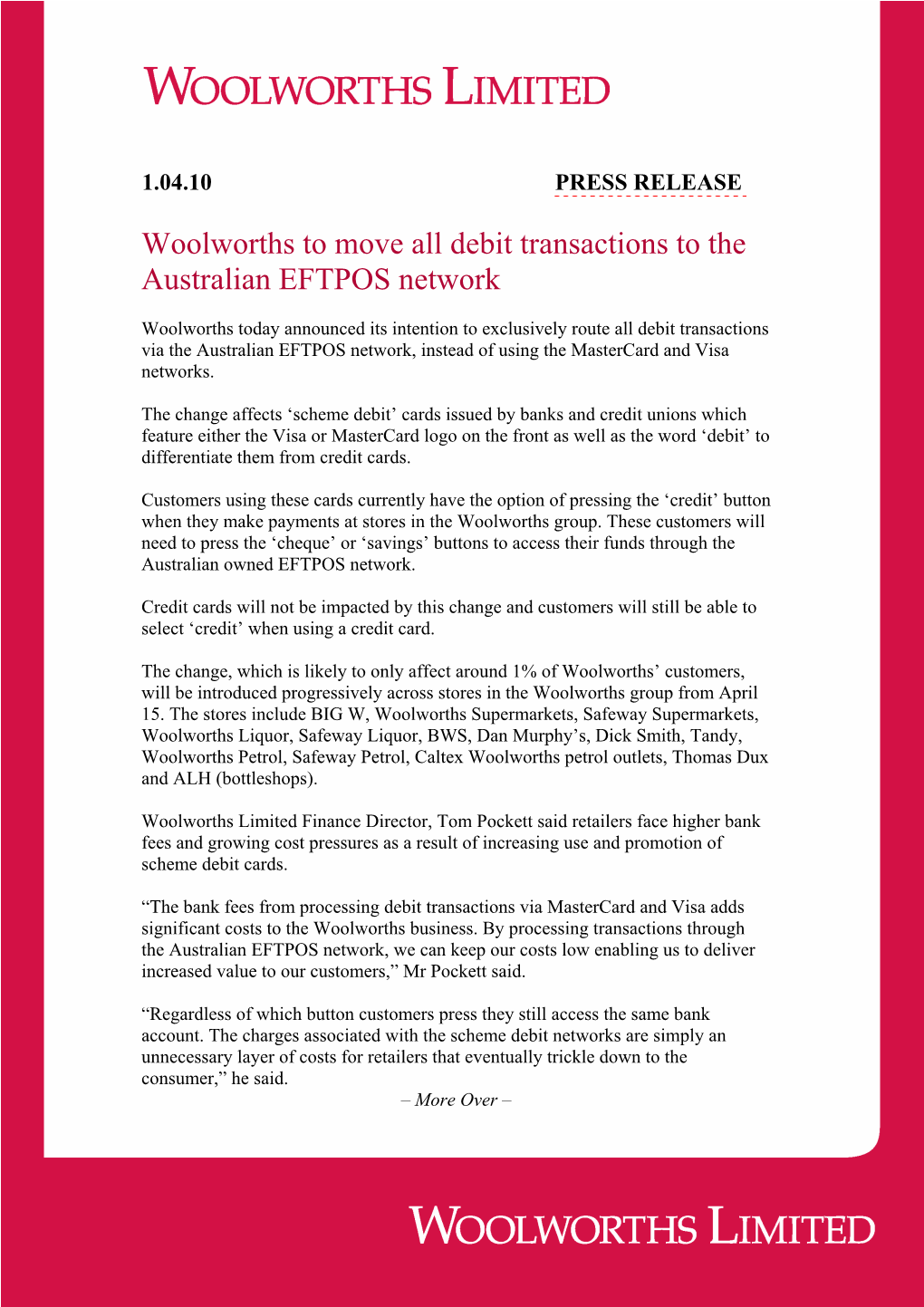 Woolworths to Move All Debit Transactions to the Australian EFTPOS Network