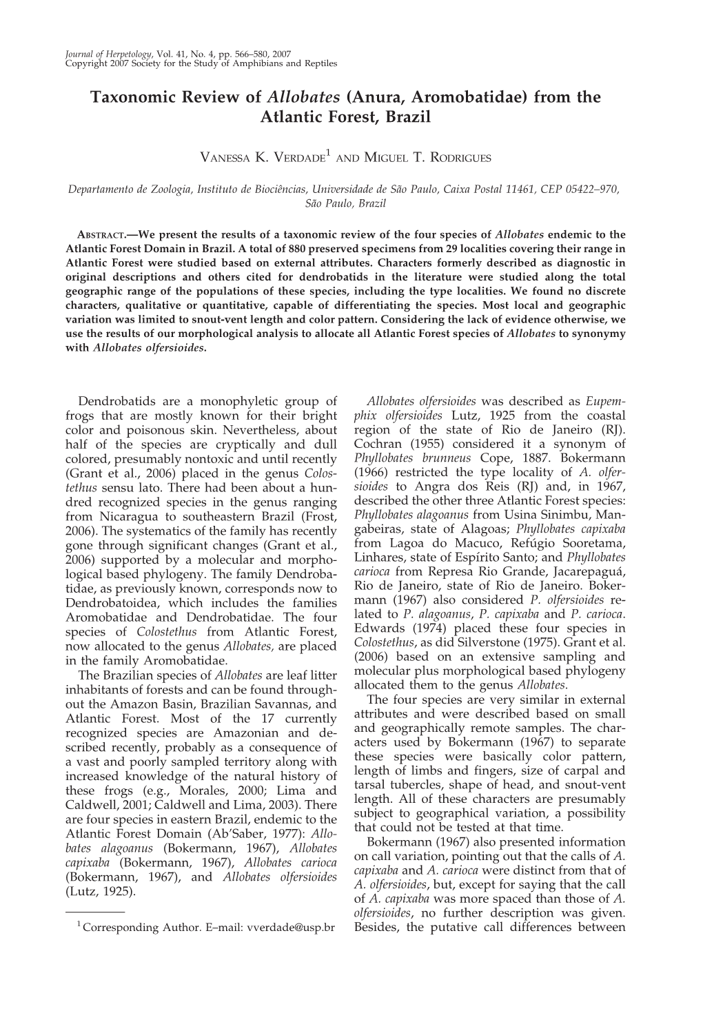 Taxonomic Review of Allobates (Anura, Aromobatidae) from the Atlantic Forest, Brazil