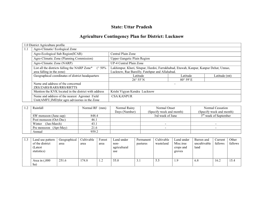 Uttar Pradesh Agriculture Contingency Plan for District: Lucknow