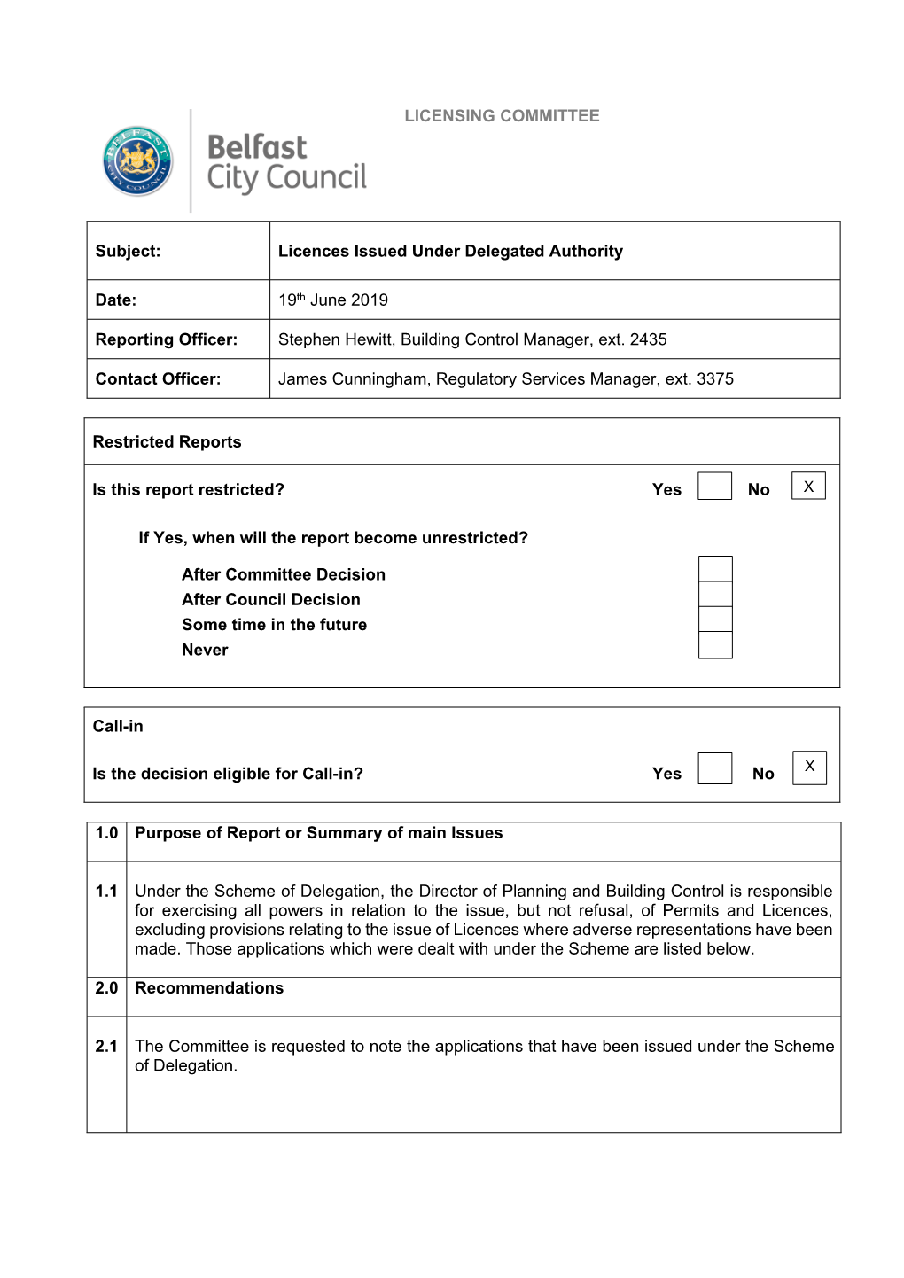 Licences Issued Under Delegated Authority Date