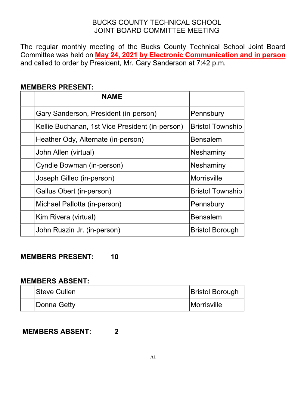 Board Minutes May 24, 2021