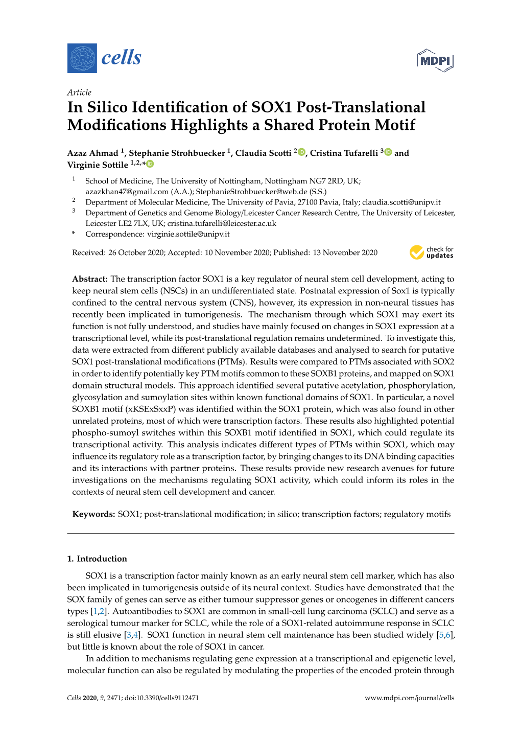 In Silico Identification of SOX1 Post-Translational Modifications