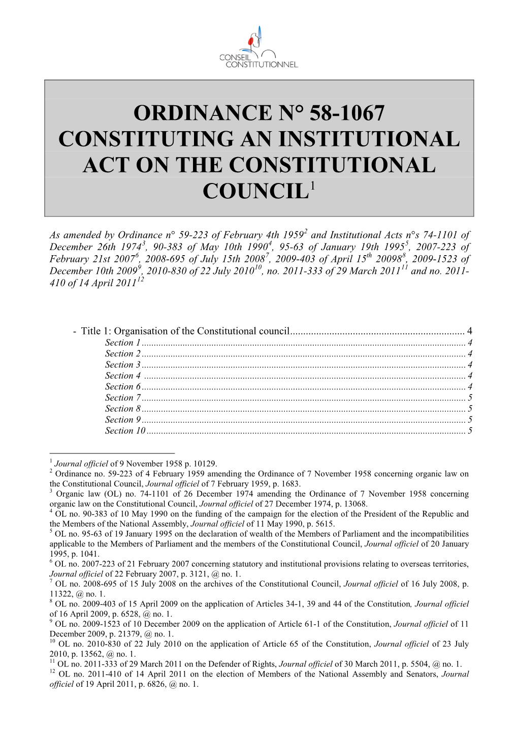 Ordinance N° 58-1067 Constituting an Institutional Act on the Constitutional Council1