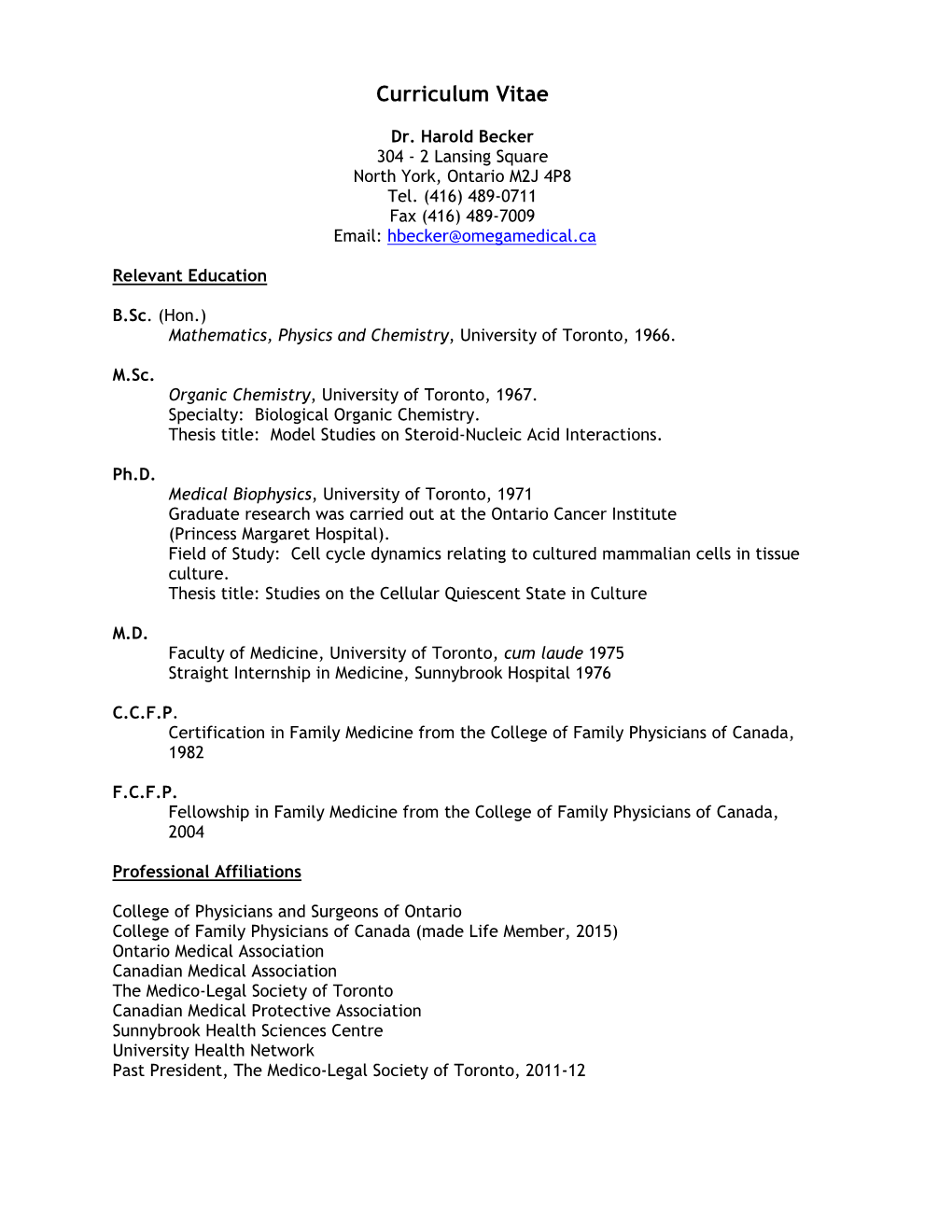 Harold Becker CV Apr