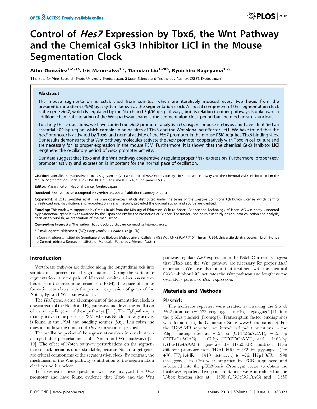 Control of Hes7 Expression by Tbx6, the Wnt Pathway and the Chemical Gsk3 Inhibitor Licl in the Mouse Segmentation Clock