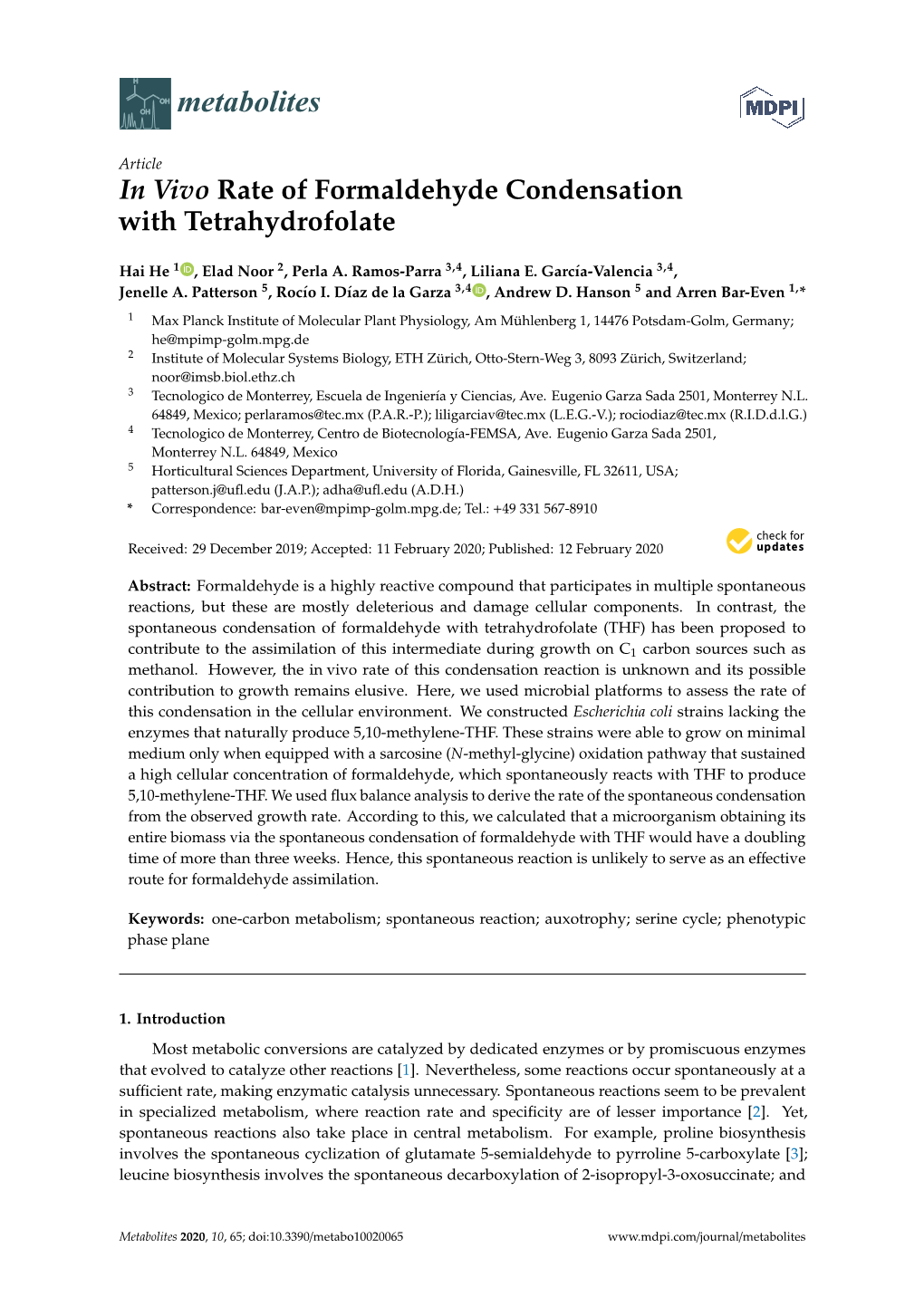 In Vivo Rate of Formaldehyde Condensation with Tetrahydrofolate