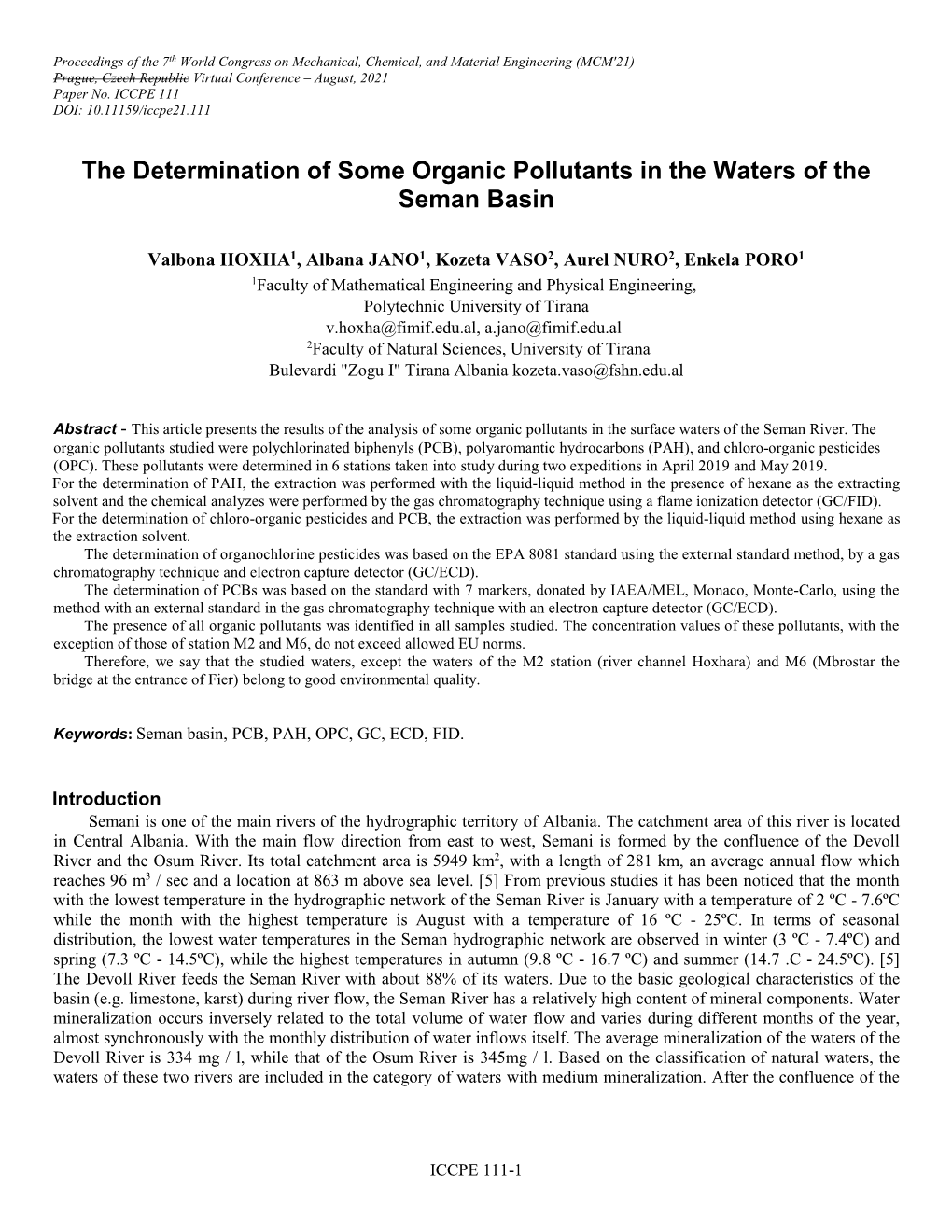 The Determination of Some Organic Pollutants in the Waters of the Seman Basin