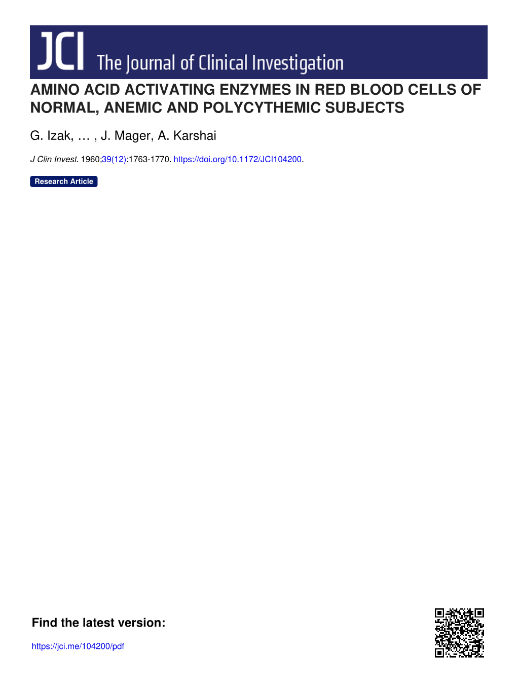 Amino Acid Activating Enzymes in Red Blood Cells of Normal, Anemic and Polycythemic Subjects