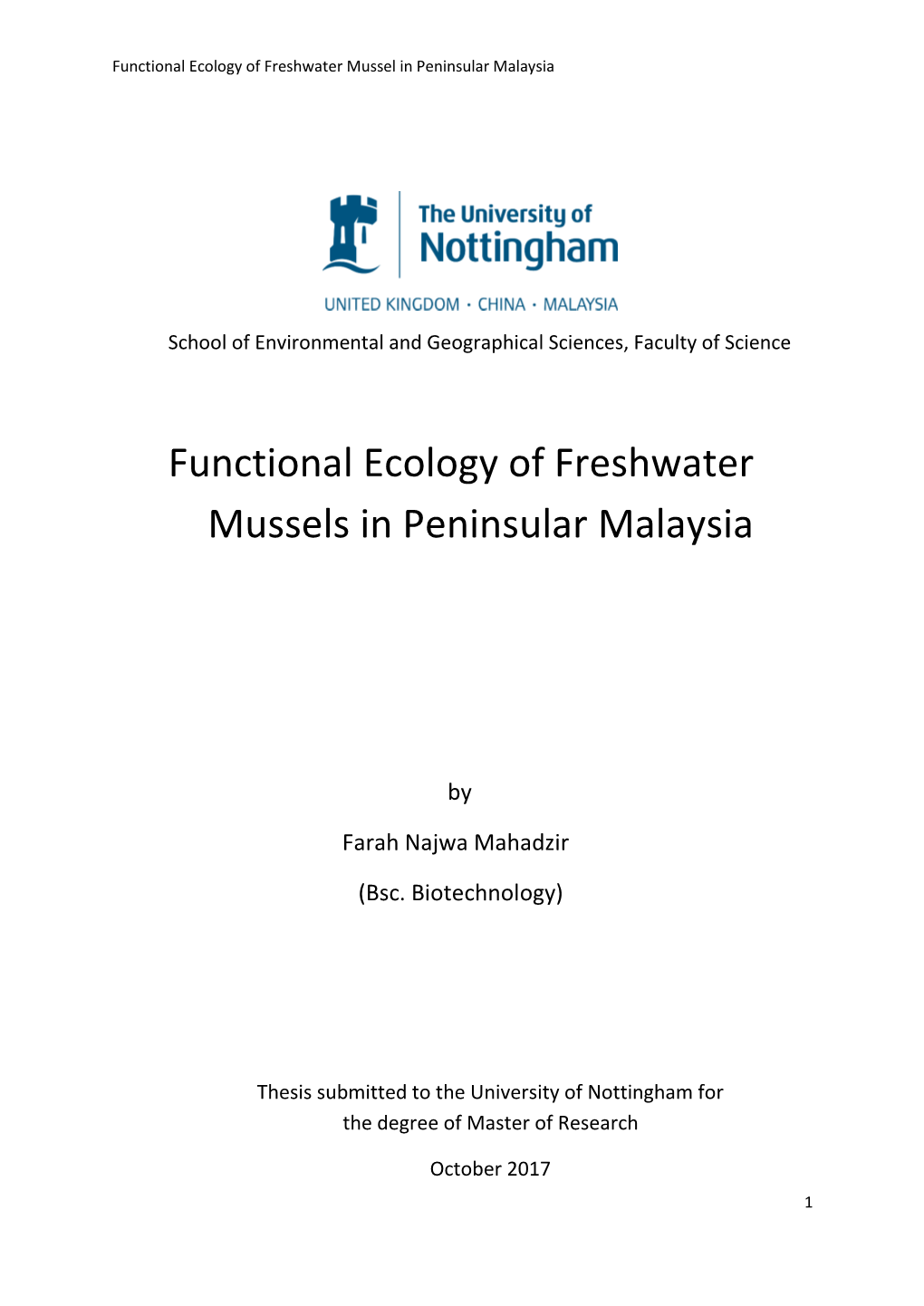 Functional Ecology of Freshwater Mussels in Peninsular Malaysia