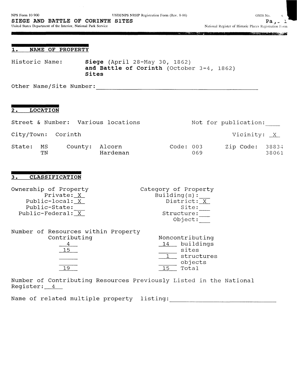 AND BATTLE of CORINTH SITES I United States Department of the Interior, National Park Service National Register of Historic Places Registration Form