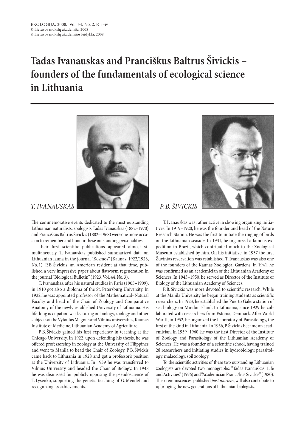 Tadas Ivanauskas and Pranciškus Baltrus Šivickis – Founders of the Fundamentals of Ecological Science in Lithuania