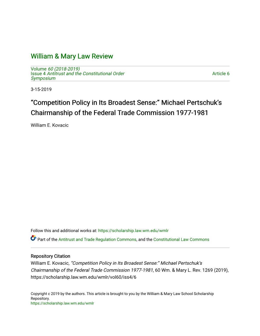 “Competition Policy in Its Broadest Sense:” Michael Pertschuk's